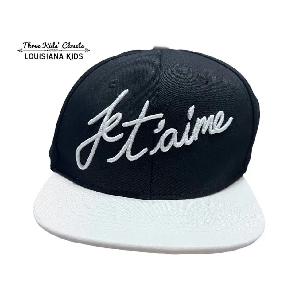 NEW Whistle & Flute Kids Black Embroidered Je T'aime Flat Brim Cap Hat